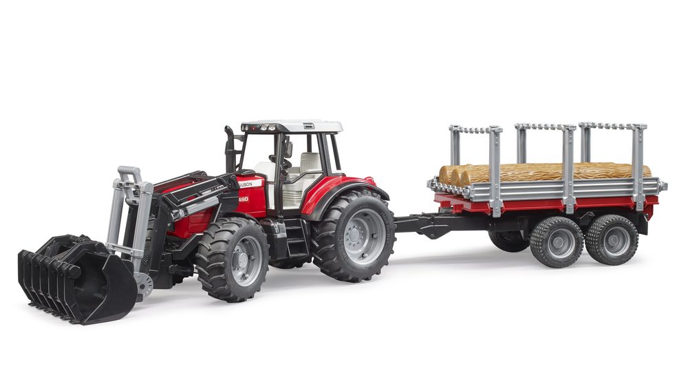 Massey Ferguson + Frontloader and timber trailer — Bruder 02046