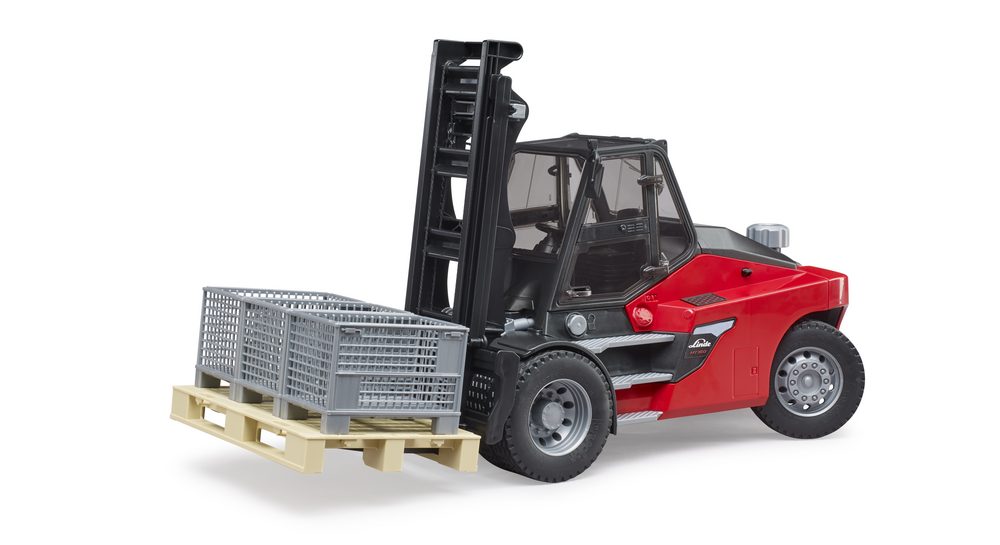Linde HT160 stacker with pallet and 3 pallet cages — Bruder 02513