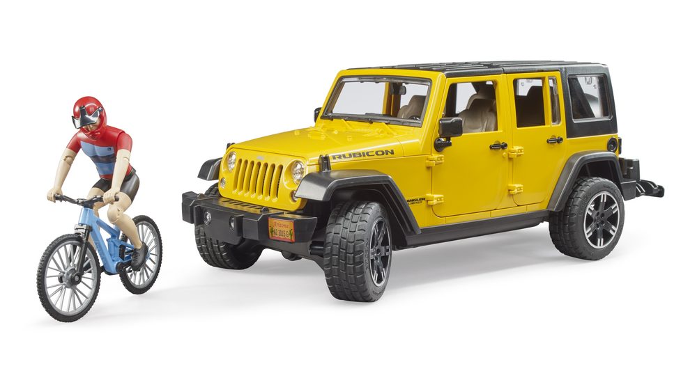 Jeep Wrangler Rubicon with mountain bike and cyclist — Bruder 02543
