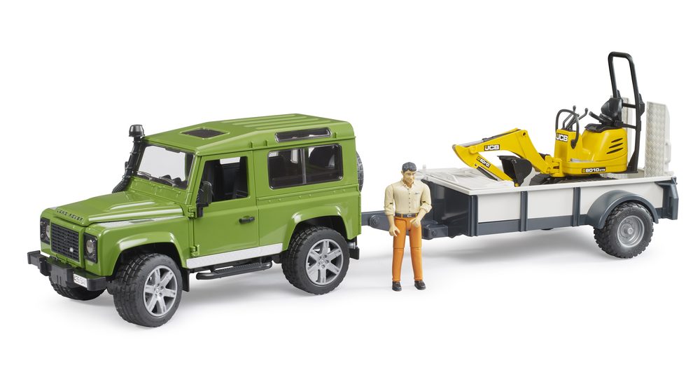 Land Rover Defender with trailer, JCB excavator and man — Bruder 02593