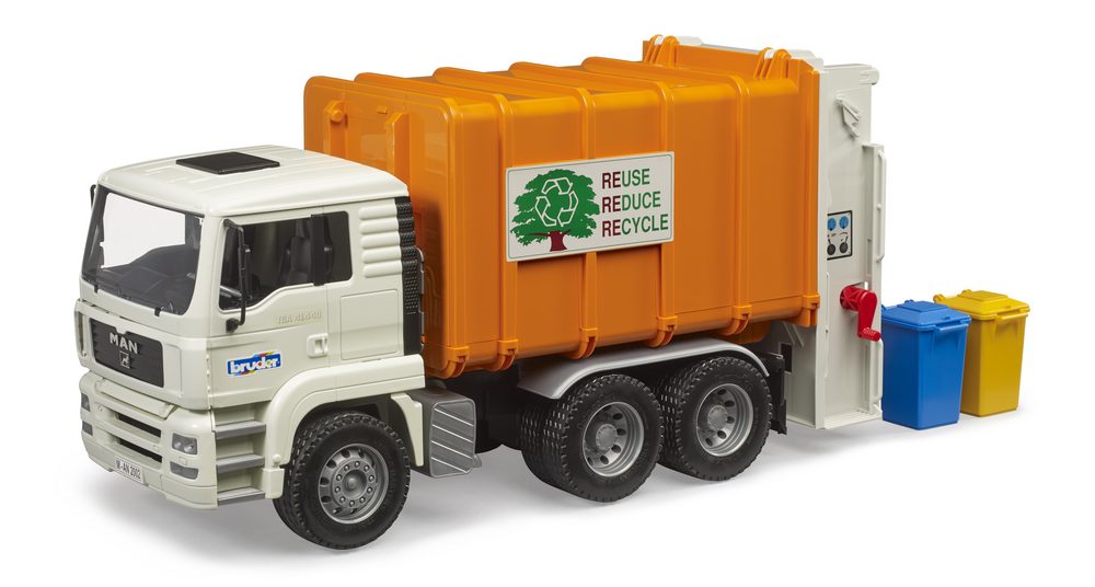 MAN TGA Rear loading garbage truck and 2 garbage cans — Bruder 02772