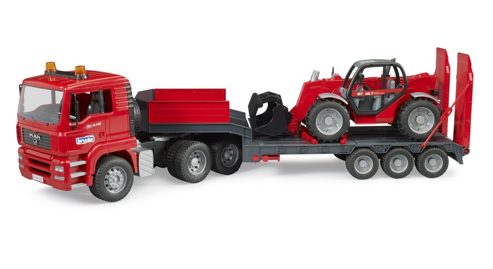 MAN TGA truck with low loader trailer and Manitou telehandler — Bruder 02774