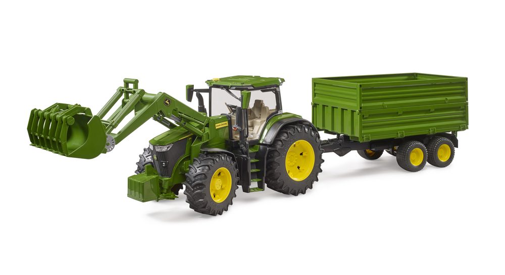 John Deere 7R 350 with frontloader and tandemaxle tipping trailer — Bruder 03155