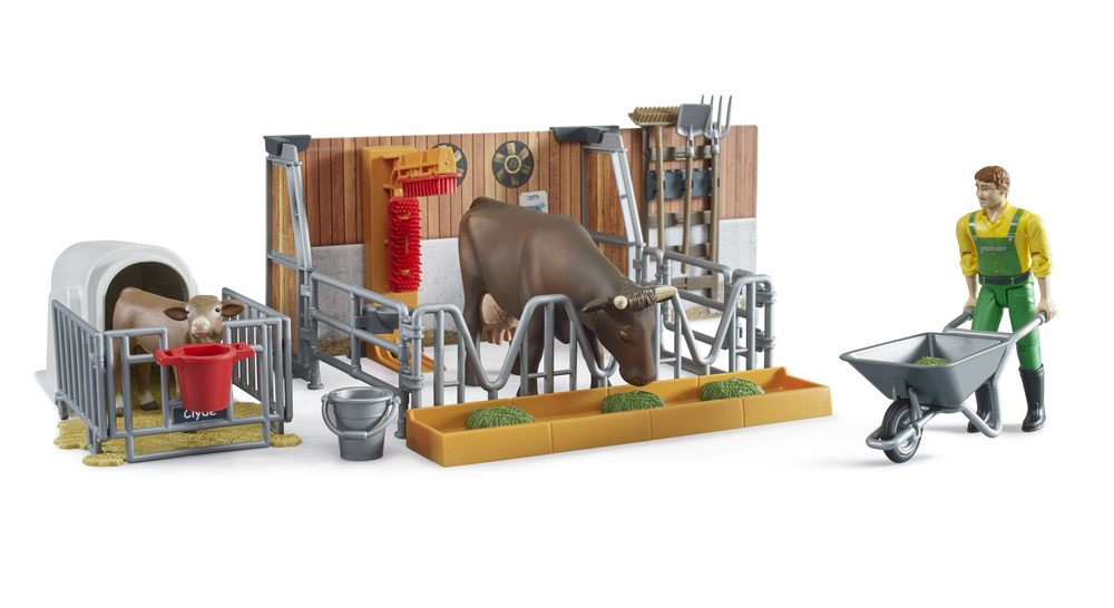 bworld Cow and calf barn with farmer, cow and calf — Bruder 62611